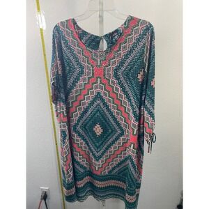 New Directions Curvy Women 1X Geometric Tribal Print Studded Dress Pink Teal